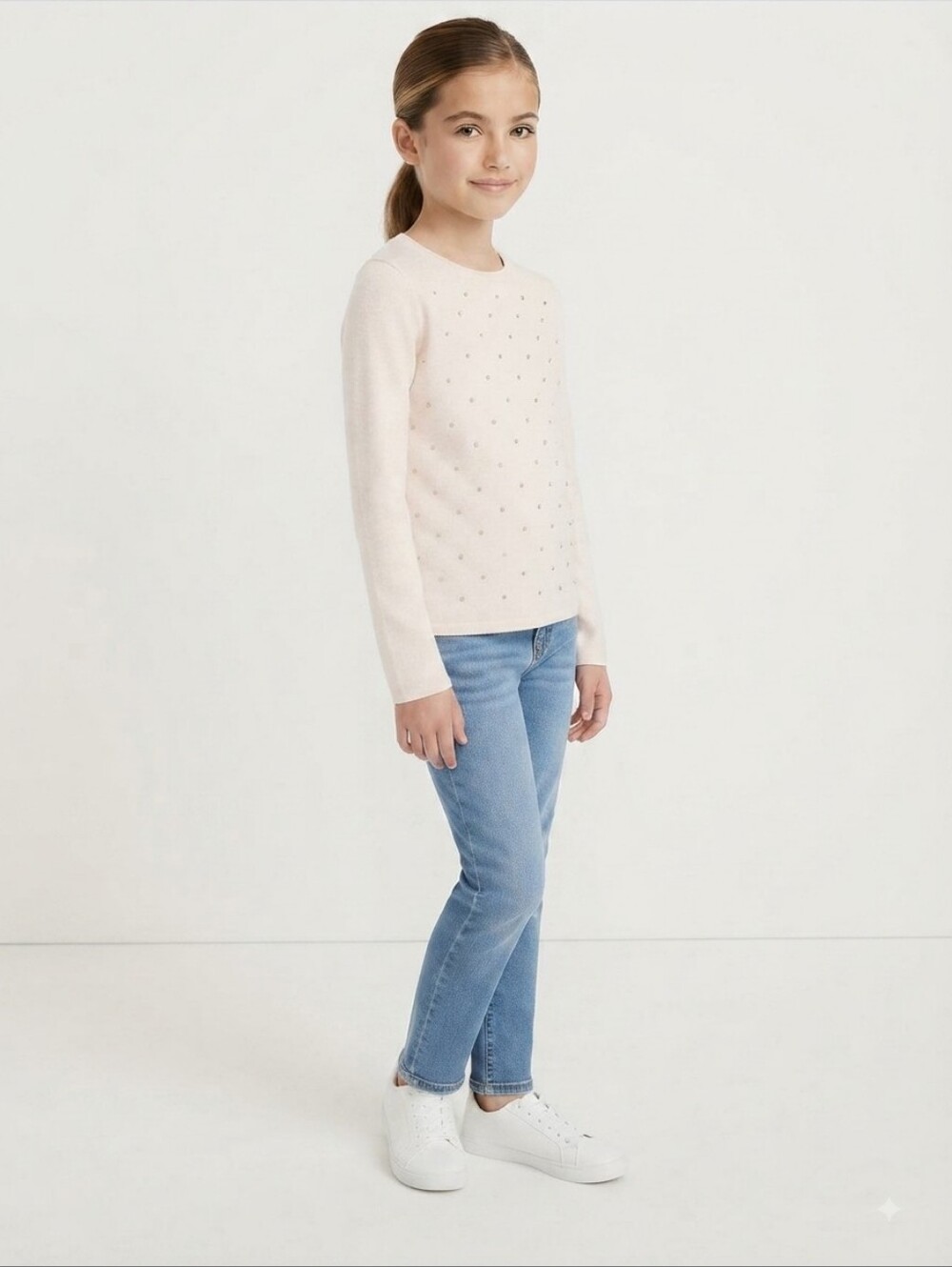 Crewcuts Factory Cream Gold Bejeweled Studs Long Sleeve Top Girls Size 8 NWT